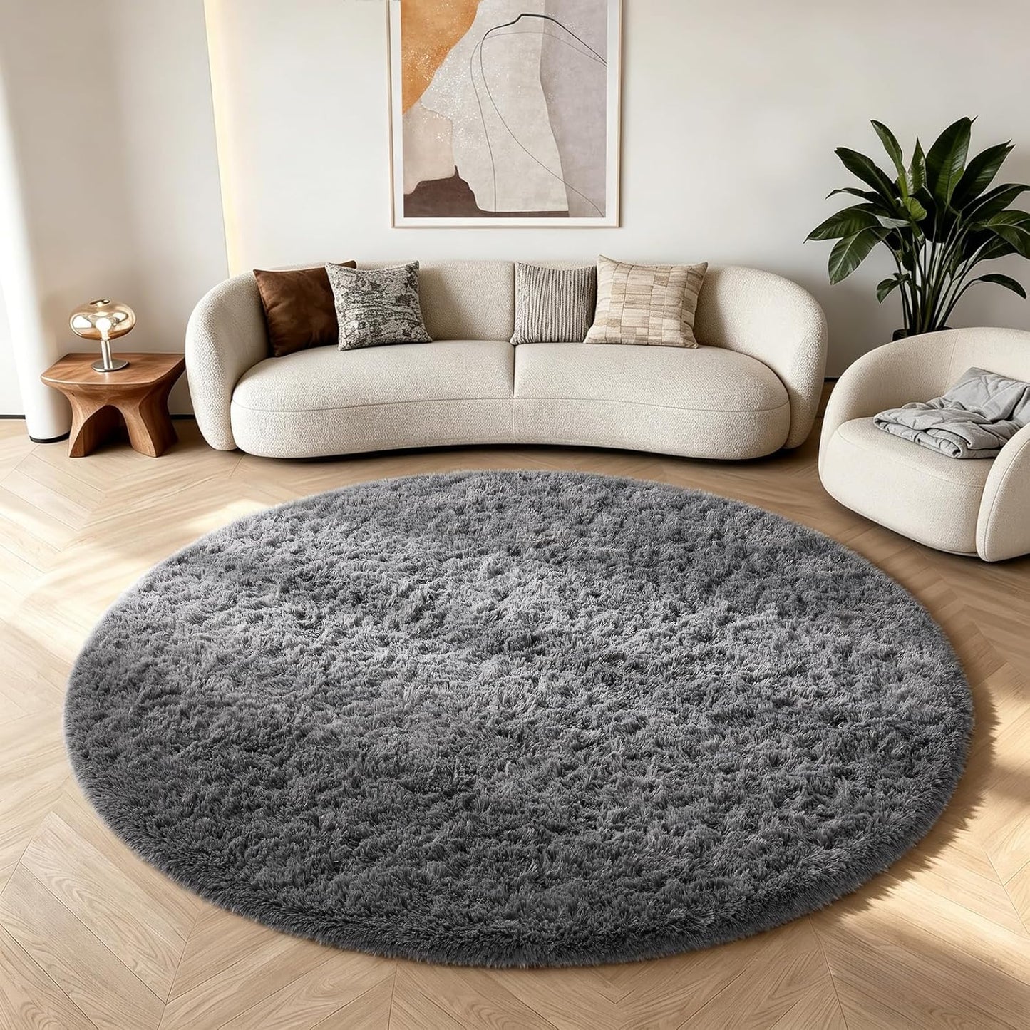 Ophanie Round Rug - 6Ft Grey Fluffy Circle Area Rug | Plush Shag Carpet for Bedroom & Nursery Decor