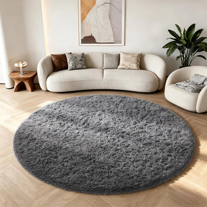 Ophanie Round Rug - 6Ft Grey Fluffy Circle Area Rug | Plush Shag Carpet for Bedroom & Nursery Decor