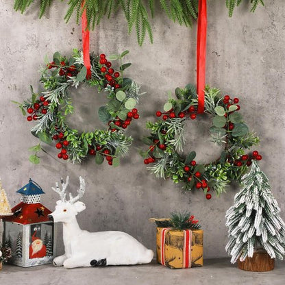Daifunli Mini Wreaths - 8 Pcs 10-Inch Christmas Candle Rings with Red Berries & Eucalyptus Decor