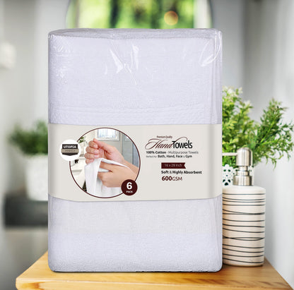 Utopia Towels 6 Pack Premium Hand Towels Set, 16 by 28 inches, 100% Ring Spun Cotton, Ultra Soft and Highly Absorbent 600GSM Towels for Bathroom, Gym, Shower, Hotel, and Spa, White