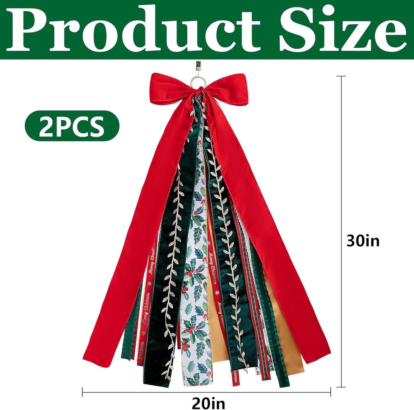 RunNico Christmas Ribbon Bow Set - 2 Pcs Assorted Clip-On Wreaths | 30'' x 20'' Red & Green Decor