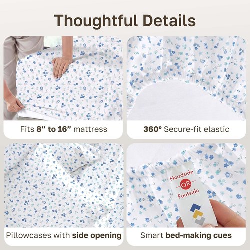 California Design Den King Size Cotton Sheet Set - 100% Soft, 400 TC, Award-Winning Sateen Finish | Floral White/Blue