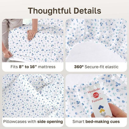 California Design Den King Size Cotton Sheet Set - 100% Soft, 400 TC, Award-Winning Sateen Finish | Floral White/Blue