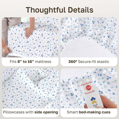 California Design Den Queen Size Cotton Sheet Set - 100% Soft, 400 TC, Award-Winning Sateen Finish | Floral White/Blue