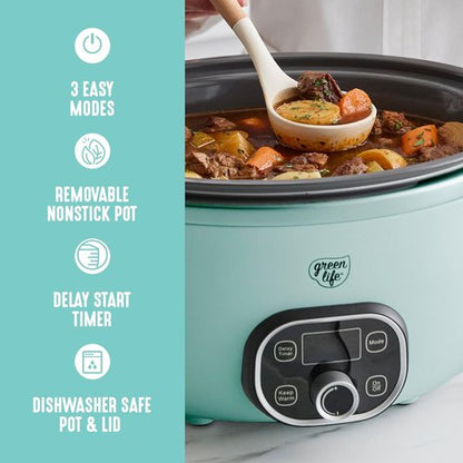 GreenLife 6QT Ceramic Slow Cooker - PFAS-Free Programmable Design with Removable Nonstick Pot - Turquoise