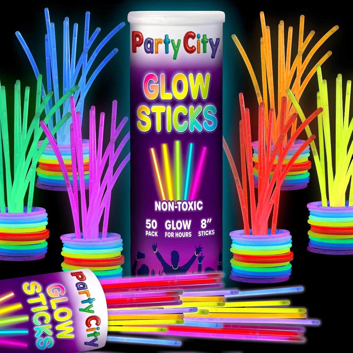 Party City 50 Glow Sticks - Neon Glow in the Dark Party Supplies | Connectors for Bracelets & Necklaces