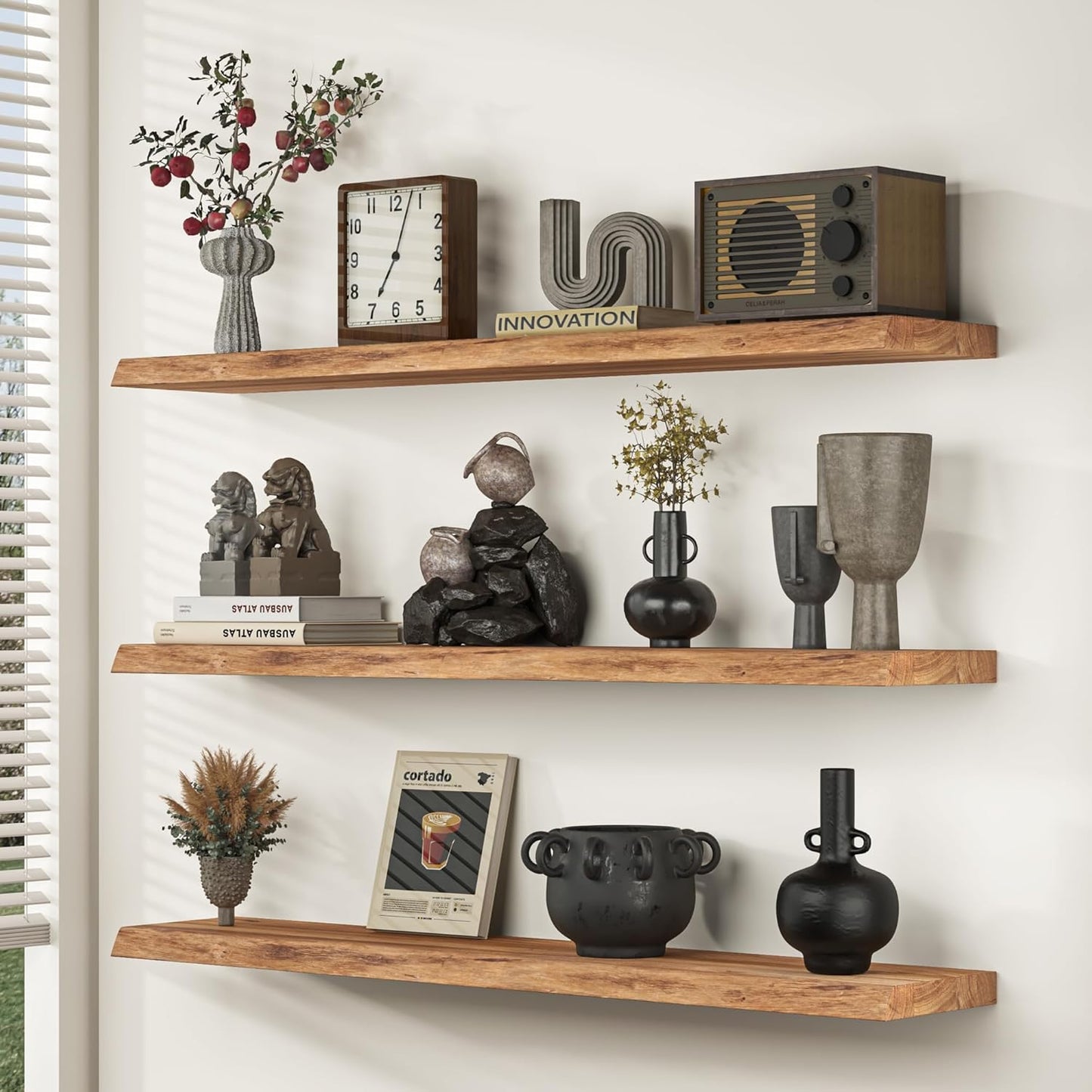 Rustic Elm Wood Floating Shelves by [Brand Name] - Heavy-Duty Live-Edge Design, 36"x9.3", Set of 2 for Home Decor