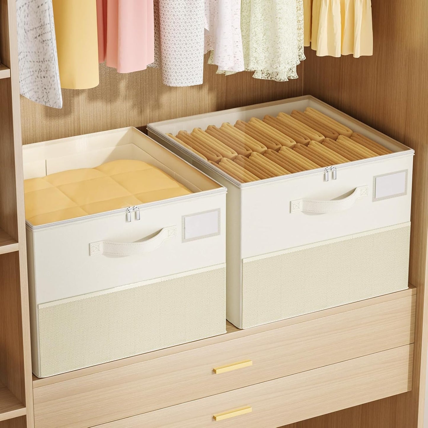 NestOrganix Shoe Organizer - 2 Pack Large Foldable Storage Boxes with Adjustable Dividers | Beige
