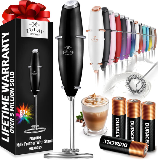 Zulay Kitchen Milk Frother Wand - Ultra Fast Handheld Electric Whisk for Coffee & Lattes - Metallic Black