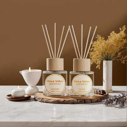 Binca Vidou Reed Diffuser Set - Lavender & Vanilla Natural Scent Oil for Home Aromatherapy | 1.69oz x 2