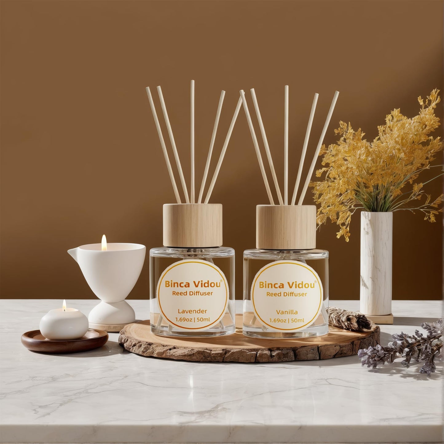 Reed Diffuser Set, Binca Vidou Lavender & Vanilla Natural Scent Oil Diffusers with Sticks for Home Office Bathroom Aromatherapy Decor 1.69oz x 2