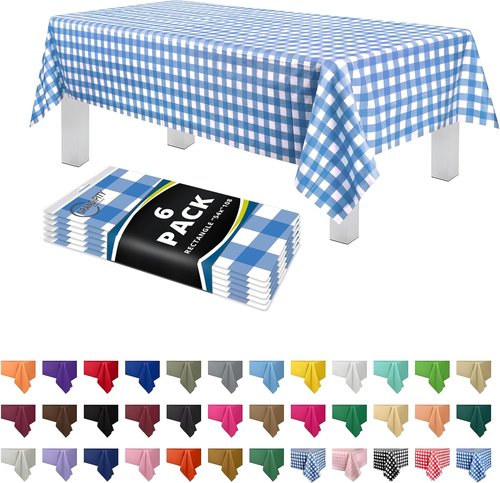 Grandipity Disposable Blue Gingham Checkered Table Cloths - Premium 54in x 108in for Rectangle Tables (6 Pk)