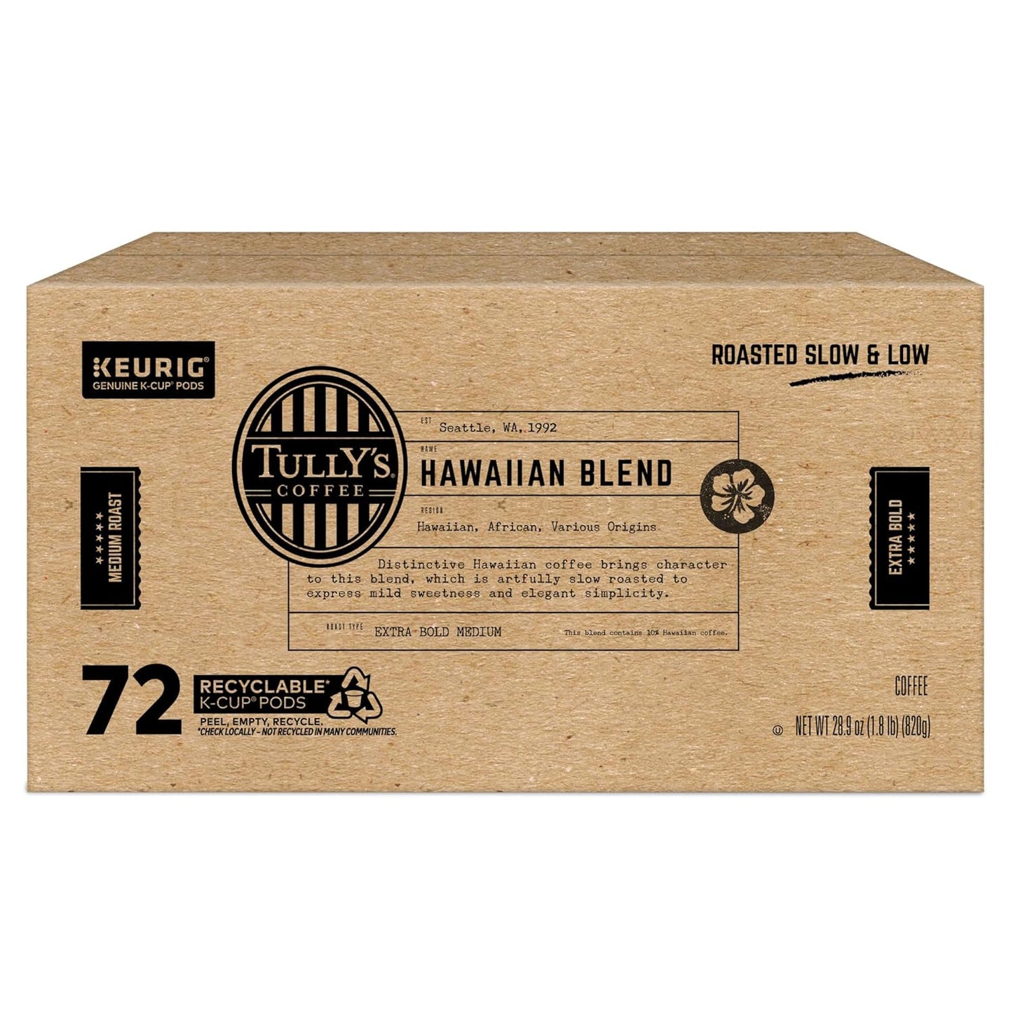Tully's Coffee Hawaiian Blend K-Cup Pods - Medium Roast, 72 Count | Perfect for Keurig Machines