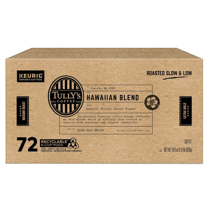 Tully's Coffee Hawaiian Blend K-Cup Pods - Medium Roast, 72 Count | Perfect for Keurig Machines