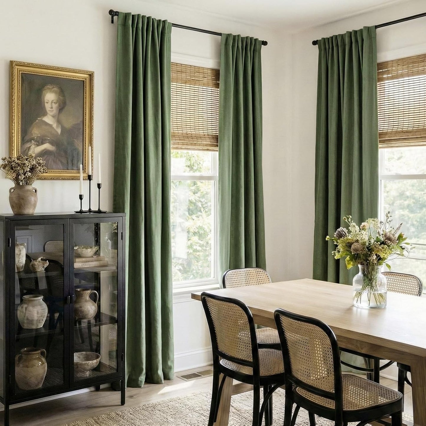 Skiennix 100% Blackout Olive Green Linen Curtains - Thermal Insulated Drapes, 84" Long, 2 Panels Set