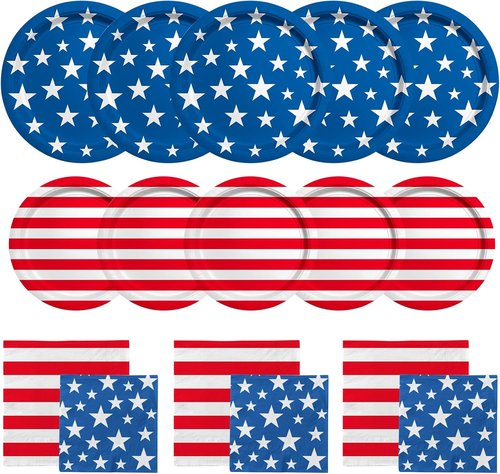 American Flag Party Supplies - Disposable Dinner & Dessert Paper Plates with Napkins | Serve 50 for Veterans Day & 4th of July