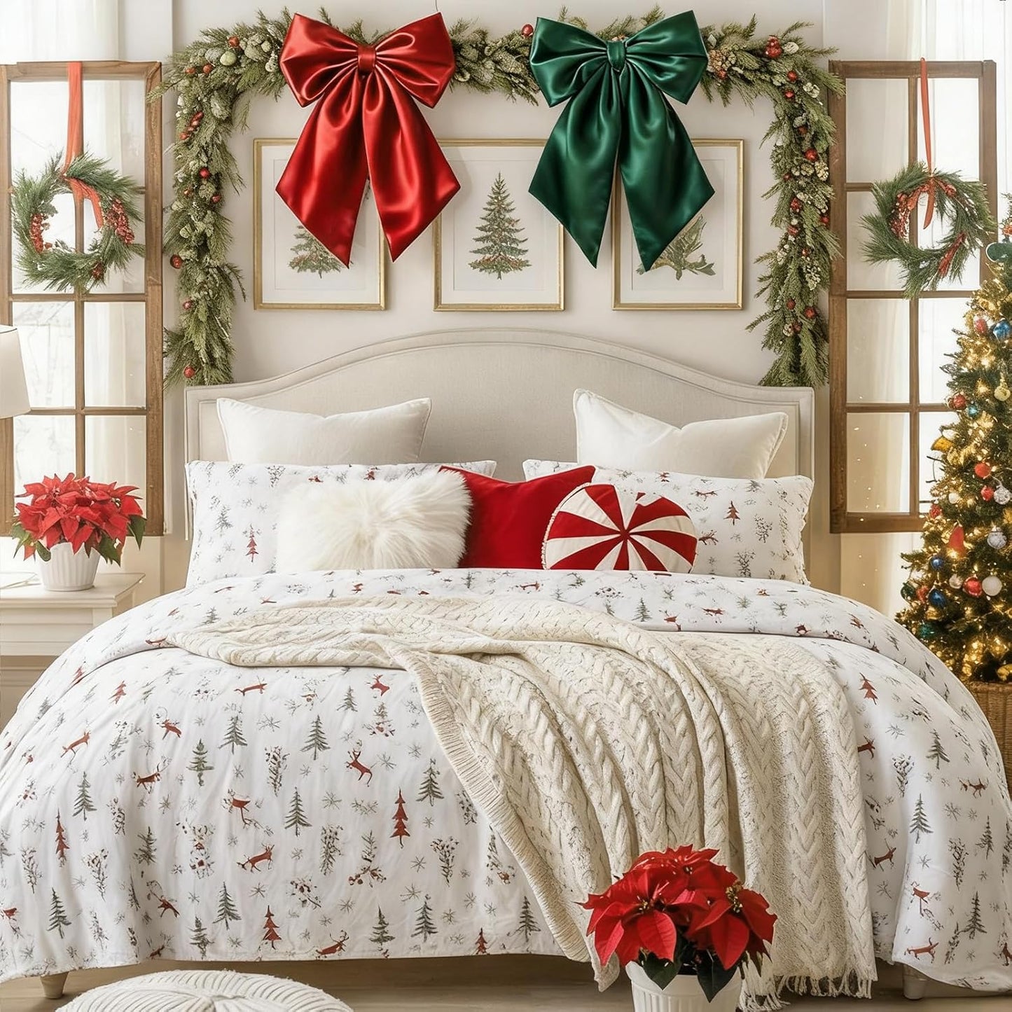 Regine Switzerland Christmas Bows - Large Red & Green Satin Decor for Wreaths & Trees | 23 x 11 Inch (2 Pack)