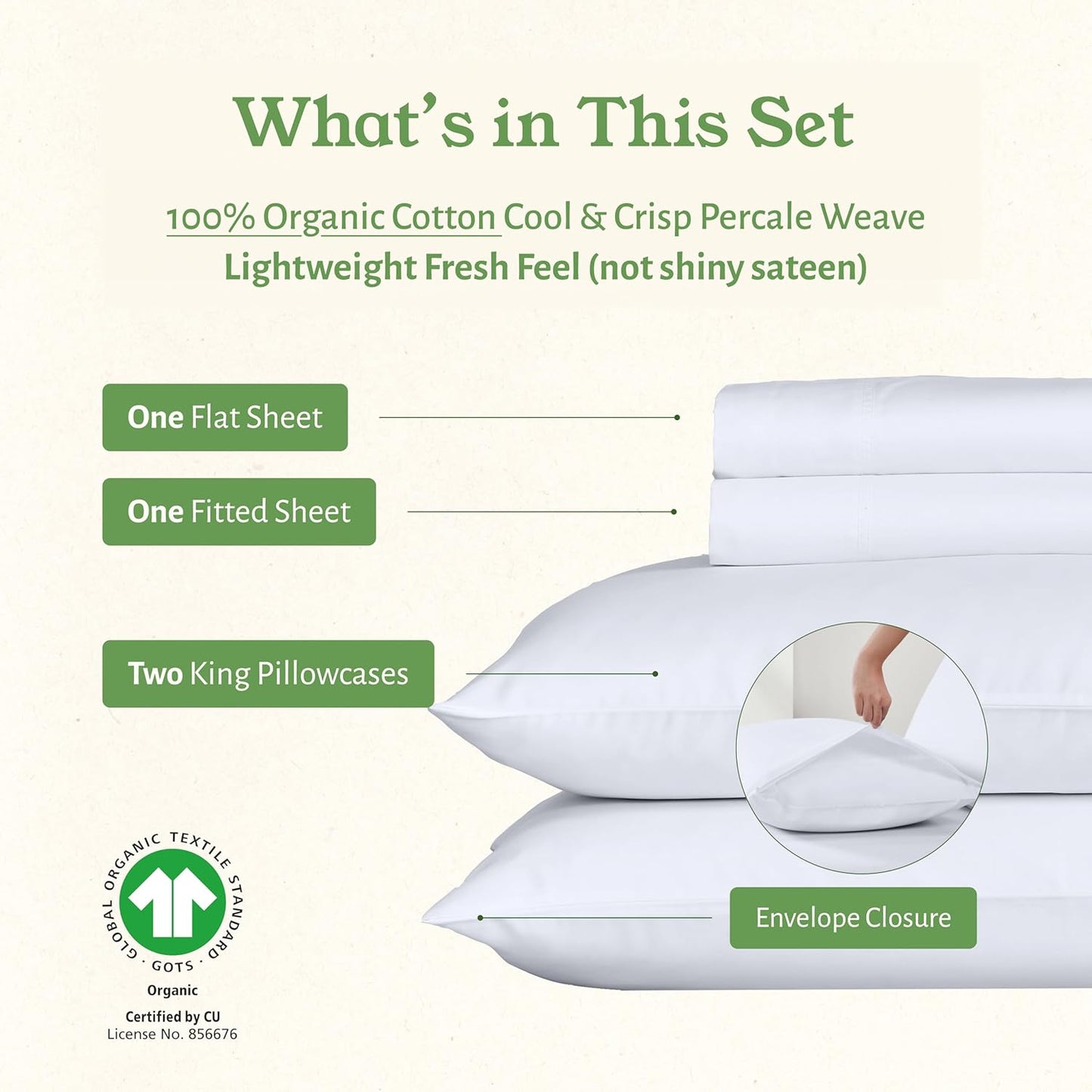 California Design Den King Size Sheets Set - Soft 100% Organic Cotton Percale with Deep Pockets - White