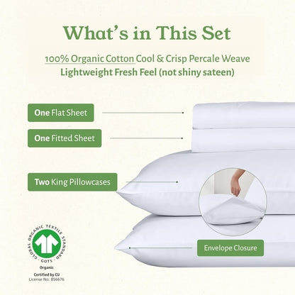 California Design Den King Size Sheets Set - Soft 100% Organic Cotton Percale with Deep Pockets - White