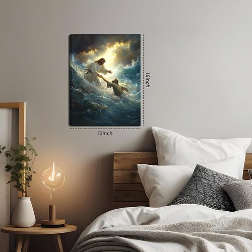 KFYMP Jesus Wall Art - Jesus Rescuing Peter Canvas Print - Faith-Based Home Decor | 12x16 Inch