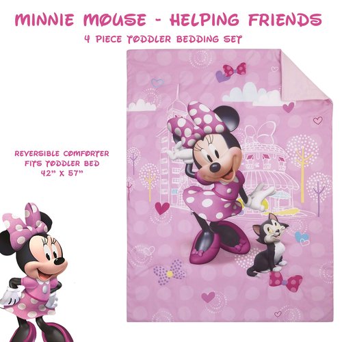 Disney Minnie Mouse Helping Friends 4 Piece Toddler Bedding set - Fitted Sheet, Pillow Case, Top Sheet, and Comforter Quilt - Pink