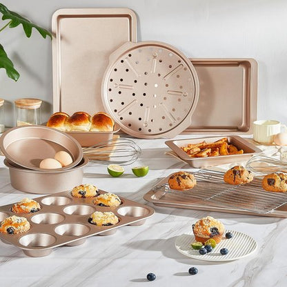 HONGBAKE Nonstick Bakeware Set - 10-Piece Kitchen Baking Pans with Wider Grips | Champagne Gold