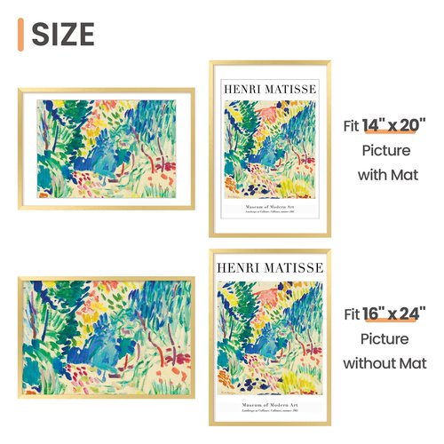 upsimples 16x24 Picture Frame, Display Pictures 14x20 with Mat or 16 x 24 Without, Wall Hanging Poster Frames, Gold, 1 Pack