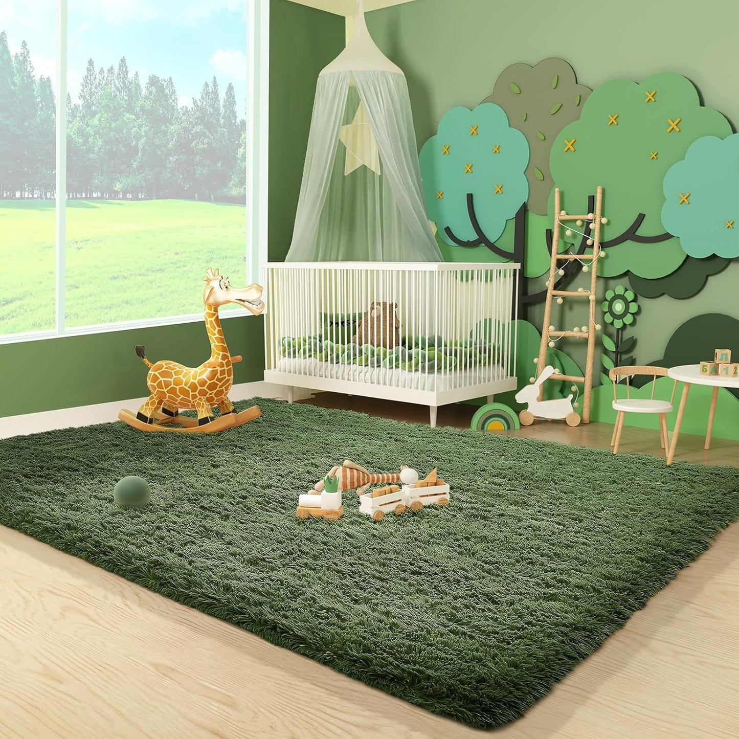 Ophanie Area Rug - Gray Green Shag Fluffy Carpet for Bedroom | Soft Plush 3x5 Size for Kids & Nursery Decor