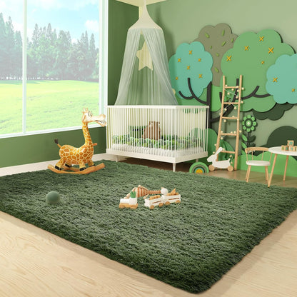 Ophanie Area Rug - Gray Green Shag Fluffy Carpet for Bedroom | Soft Plush 3x5 Size for Kids & Nursery Decor
