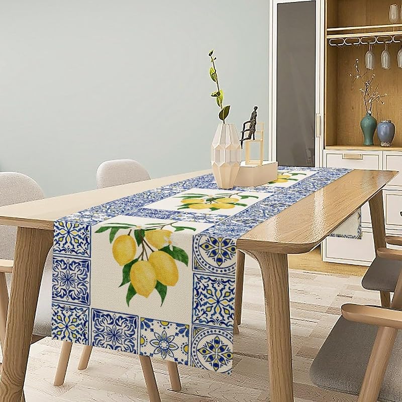 Lemon & Blue Tiles Table Runner 13x60in - Cotton Linen, Reusable Picnic & Dining Decor - Variation Lemon-7+W13"x L60"