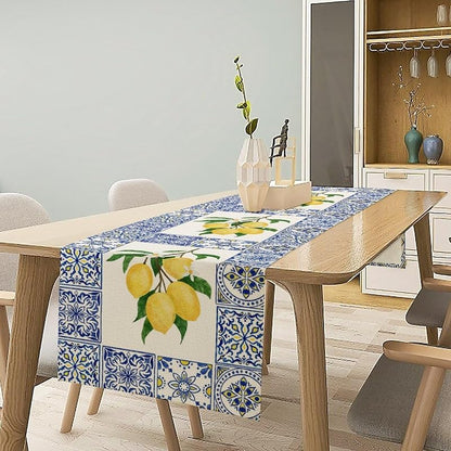Lemon & Blue Tiles Table Runner 13x60in - Cotton Linen, Reusable Picnic & Dining Decor - Variation Lemon-7+W13"x L60"
