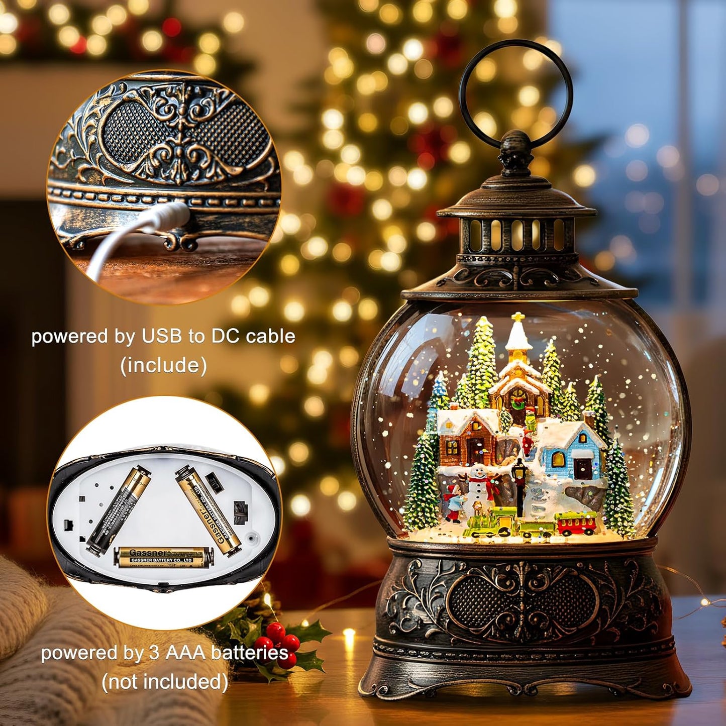 Regine Switzerland Christmas Snow Globe - Musical Water Lantern with Timer & USB/Battery Operation for Festive Decor