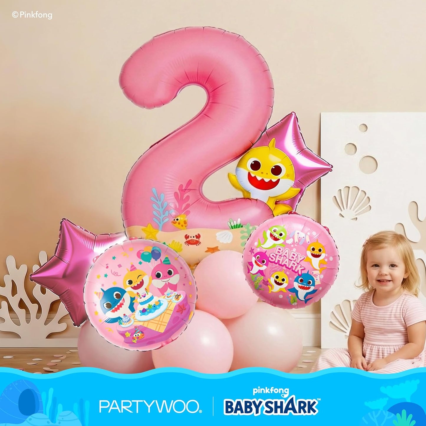 PartyWoo Baby Shark Pink Foil Number 2 Balloon - 40 Inch Mylar Helium Birthday Decoration for Kids