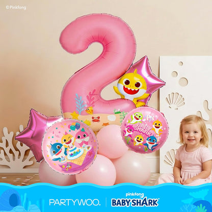 PartyWoo Baby Shark Pink Foil Number 2 Balloon - 40 Inch Mylar Helium Birthday Decoration for Kids
