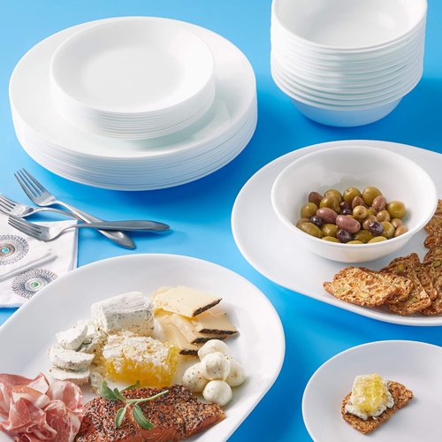 Corelle Vitrelle 38-Piece Dinnerware Set - Chip Resistant, Lightweight Plates & Bowls in Winter Frost White