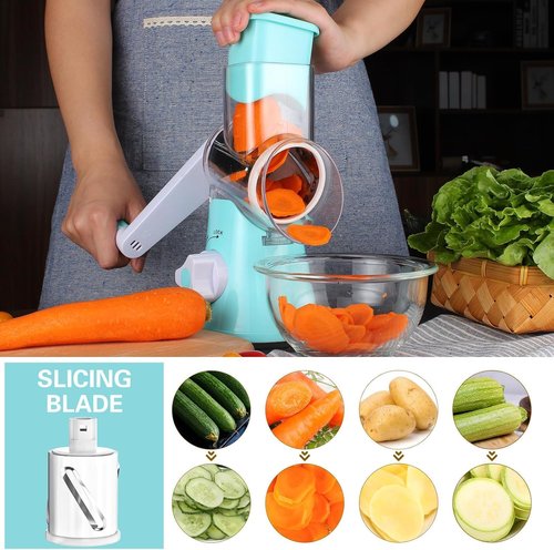 Cambom Rotary Cheese Grater - Hand Crank Shredder for Fresh Cheese & Vegetables | Non-Slip Base, Blue