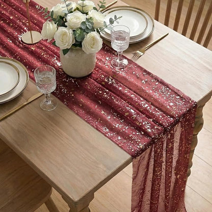 Artoid Mode Burgundy Gold Gauze Table Runner 120 Inch - 28 x 120 in, Glitter Foil