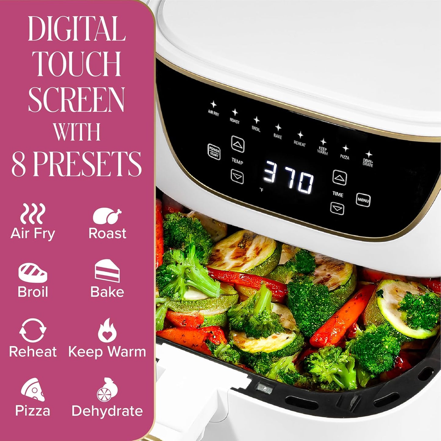 Paris Hilton Air Fryer - Large 6-Quart Capacity, Nonstick & PFAS-Free, Touchscreen, 8-in-1 Functions, White
