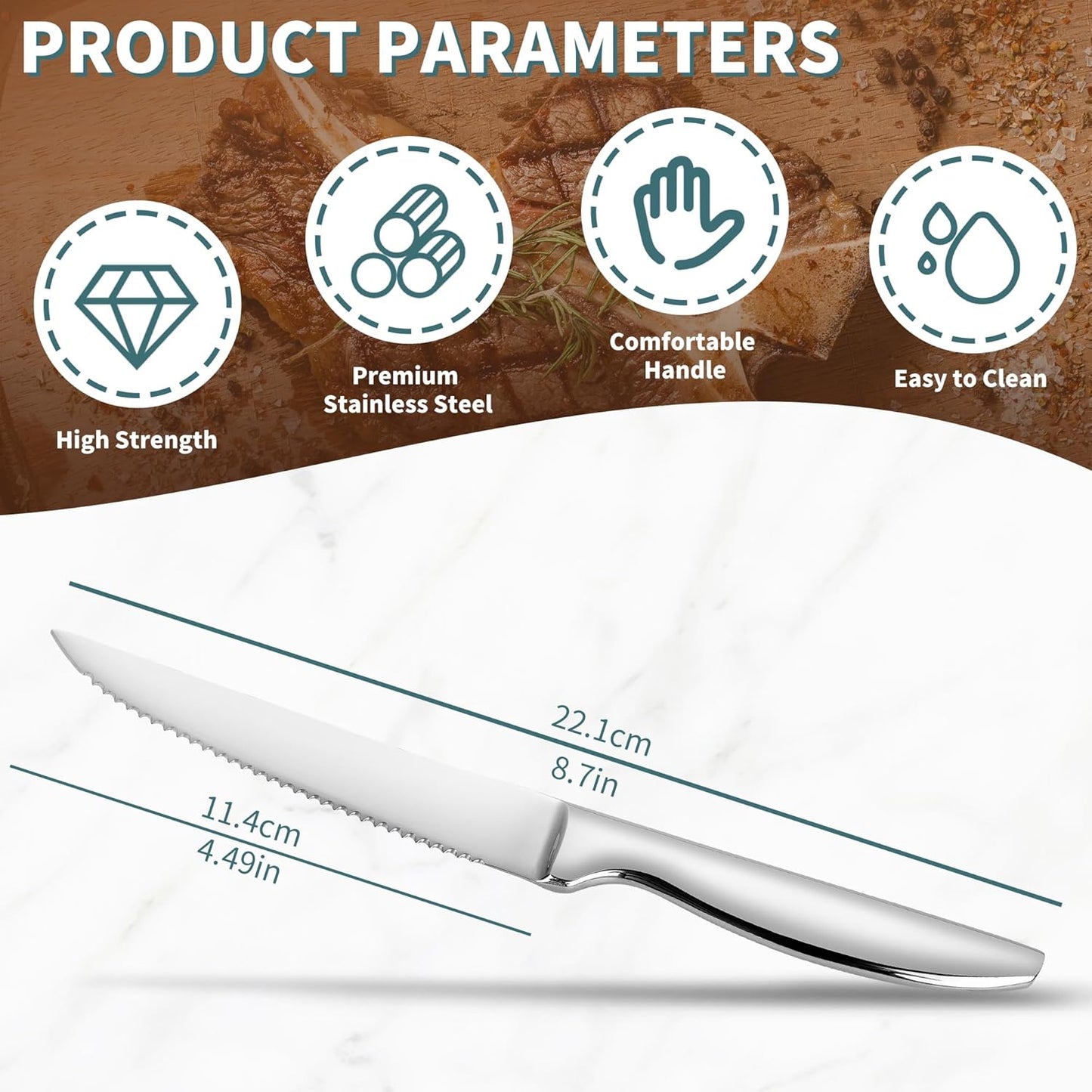 SuperCook Steak Knives Set - 12 High-End Stainless Steel Serrated Knives | Dishwasher Safe, Silver