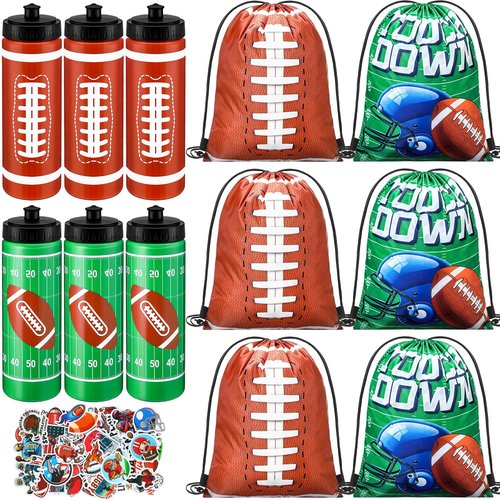 Funnymoom 24 Pcs Football Water Bottle Football Drawstring Bag Set with 50 Sticker Football Party Favors 12 Reusable Sports Squeeze Water Bottle 20oz 12 Football Goodie Gift Bag for Football Team Gift
