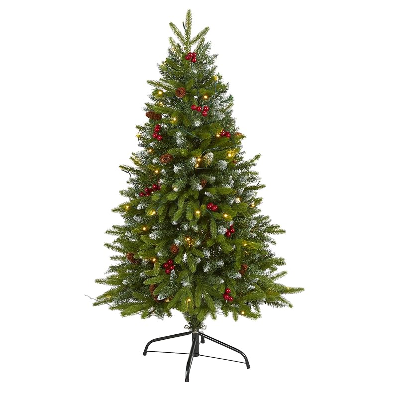 Snow Tipped Portland Spruce Prelit Christmas Tree, 4 ft with Frosted Berries & Pinecones - 100 LED Lights