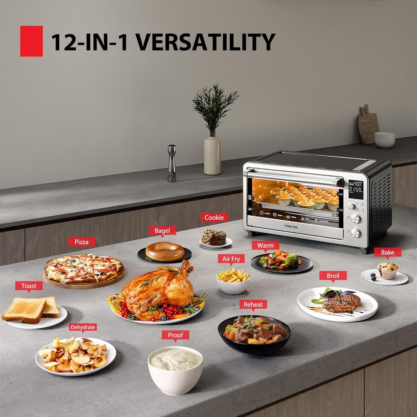 TOSHIBA ChefFry Air Fryer Toaster Oven - 26.4-Quart Capacity, Stainless Steel | Toast, Bake, Broil & Dehydrate