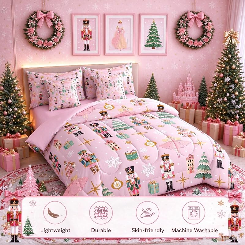 Green & Pink 7-Piece Twin Christmas Comforter Set – Nutcracker Castle Theme Bedding