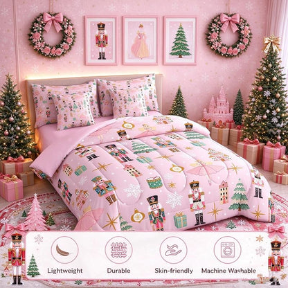 Green & Pink 7-Piece Twin Christmas Comforter Set – Nutcracker Castle Theme Bedding