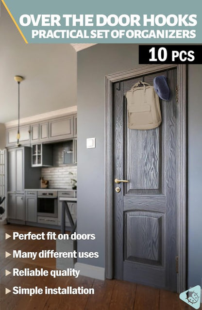 Menz Over the Door Hooks 10 Pack, 2-Sided Fits 1 3/8" & 1 3/4" Door, Bathroom Towel Hook with Anti-Scratch Pads, and Non-Slip Dots, L 3" Wreath Hanger Thin Overdoor Organizer Dorm Travel Essentials
