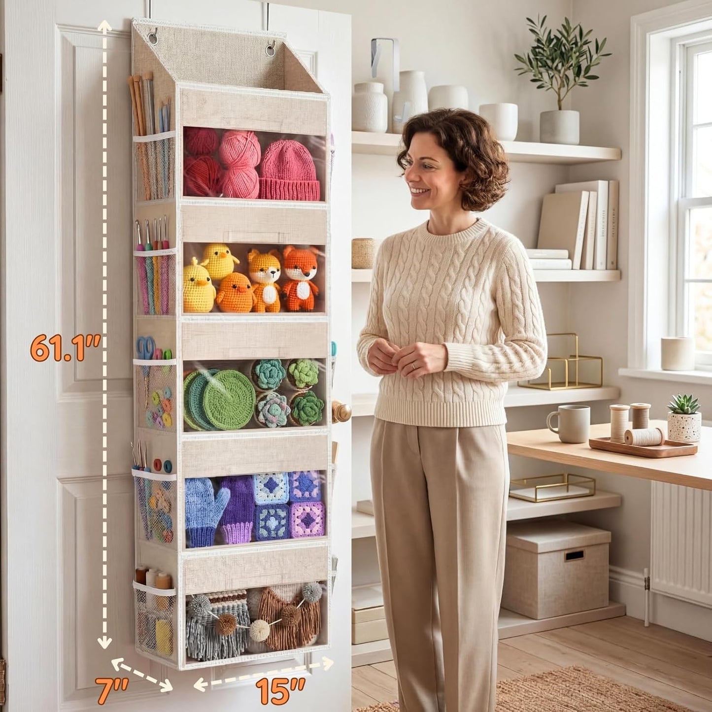 Ofiray Home Yarn Storage Organizer - 5 Drawer Over-The-Door Knitting Holder with 10 Mesh Pockets | Beige