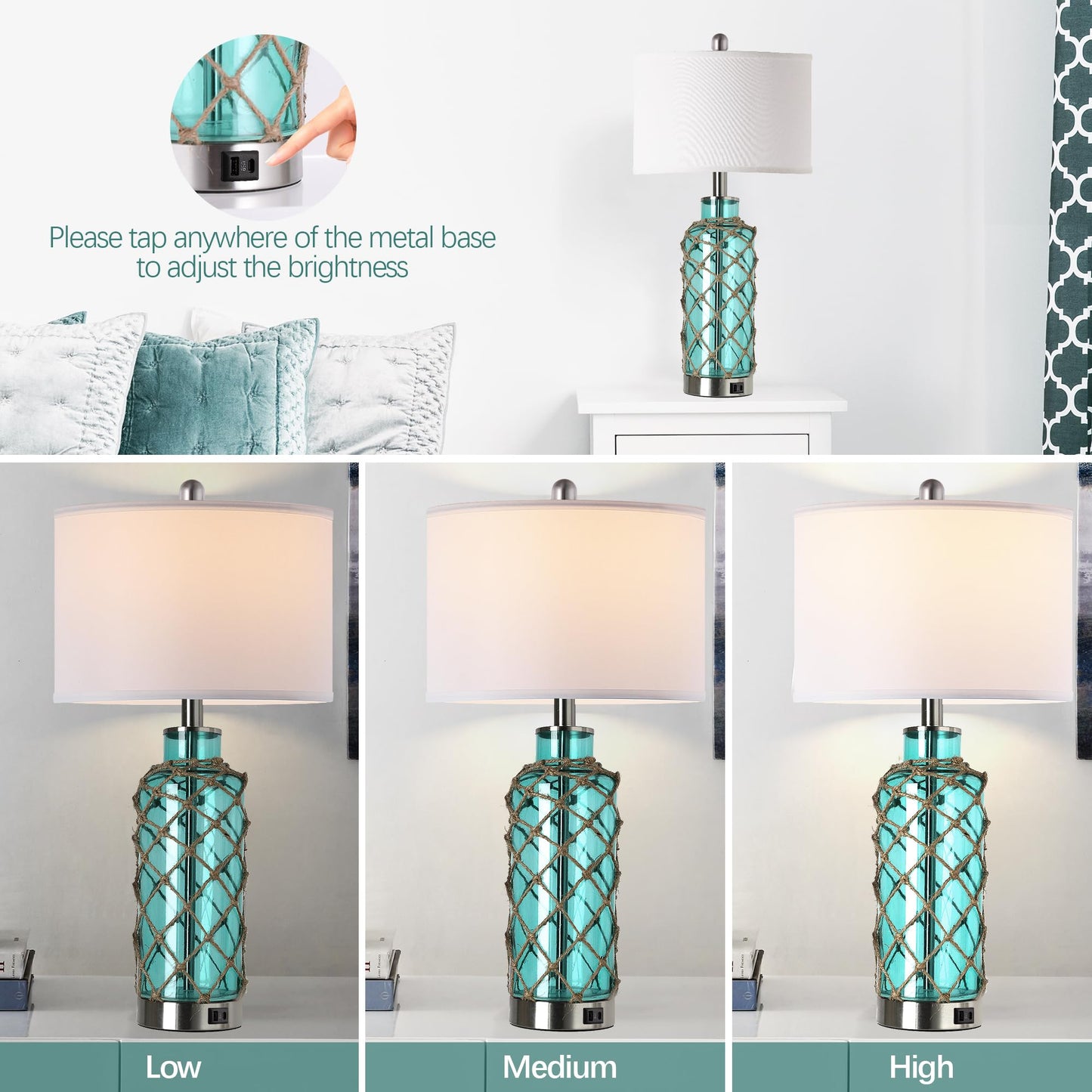 Cottage Nautical Accent Table Lamp Set of 2, Touch Coastal Blue Green Glass Rope Net Bedside Lamp with USB C+A Fast Charging Ports, 3-Way Dimmable Nightstand Lamps White Shade for Living Room Bedroom