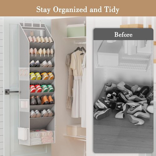 Criusia Shoe Organizer - Over The Door Hanging Storage with Large Pockets | Fits 16-24 Pairs - Gray