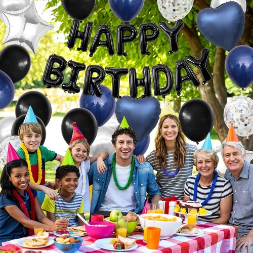 Happy Birthday Decorations | Navy Blue & Black Balloons with Silver Confetti - Perfect for Men & Women
