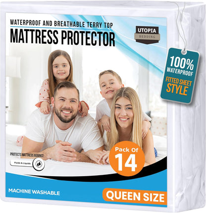 Queen Size Mattress Protector Waterproof 14 Pack, Premium 200 GSM Terry Mattress Cover, Soft & Breathable Bed Cover, Fitted Sheet Style Stretchable Deep Pockets 17" by Utopia Bedding (White)